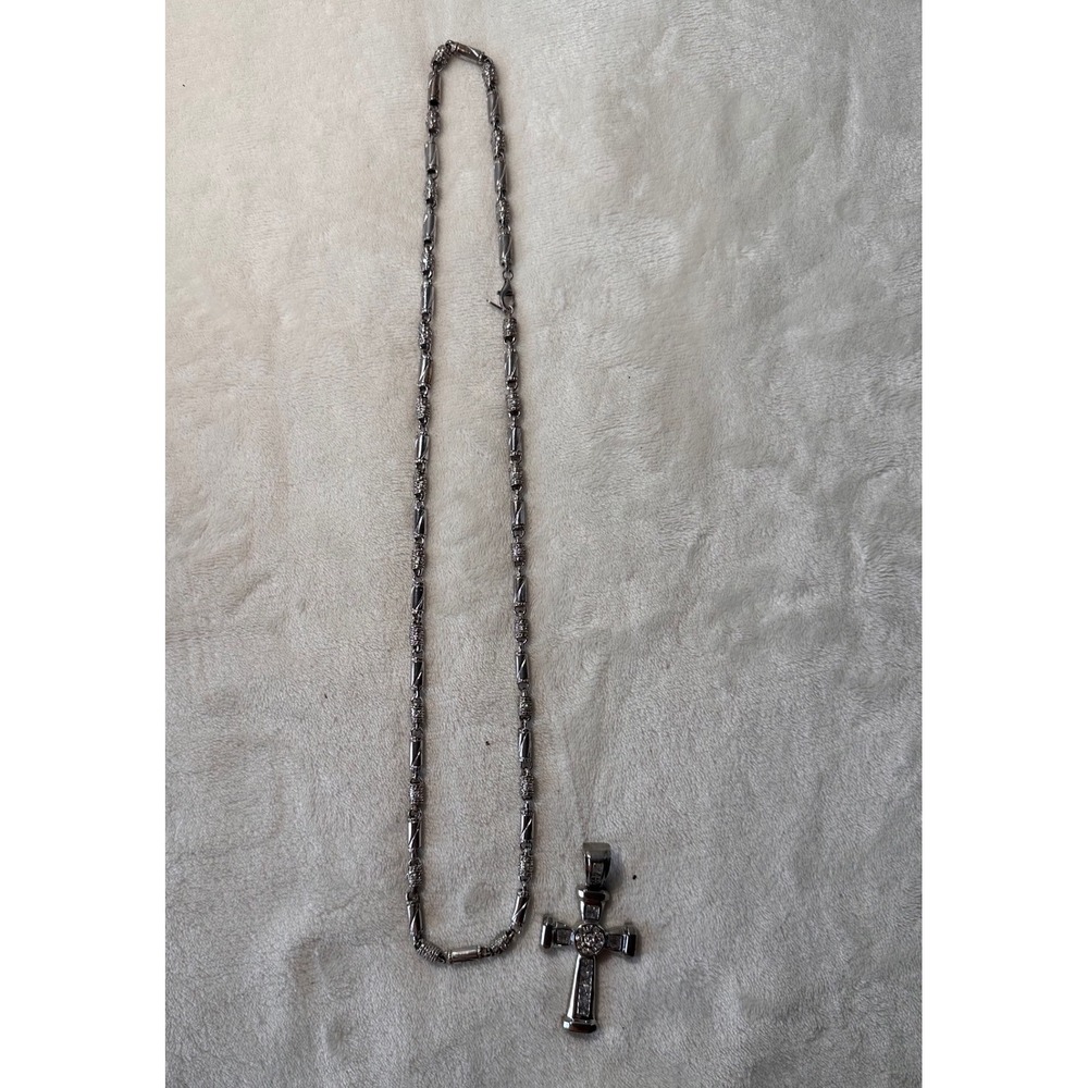 925 Sterling Silver Cross Pendant and Barrel Link Chain Necklace